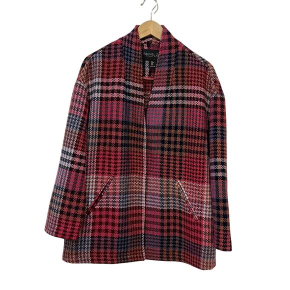 Rachel Zoe Plaid Tweed Wool Blend Coat Pink Check Longline Jacket Size M - Picture 2 of 9